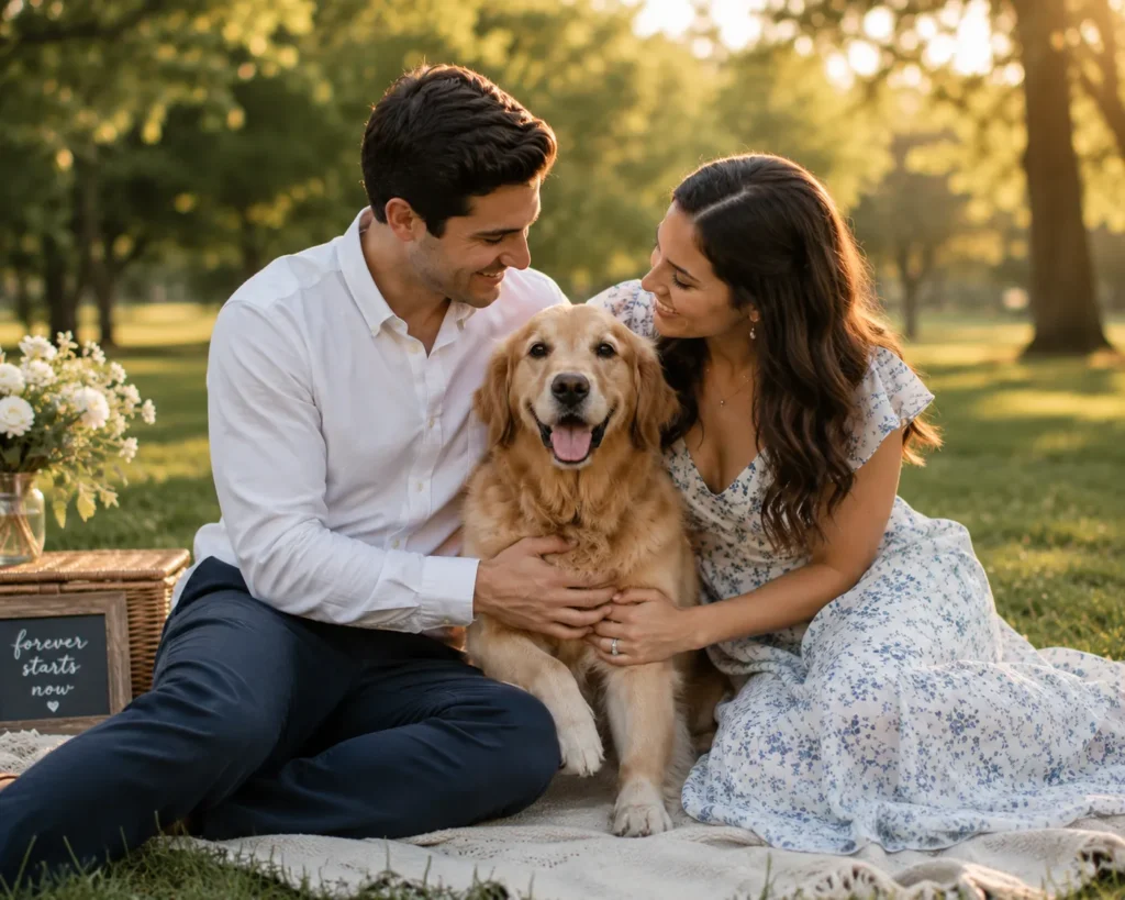 Engaged couple posing with their dog for a family-style engagement portrait.
