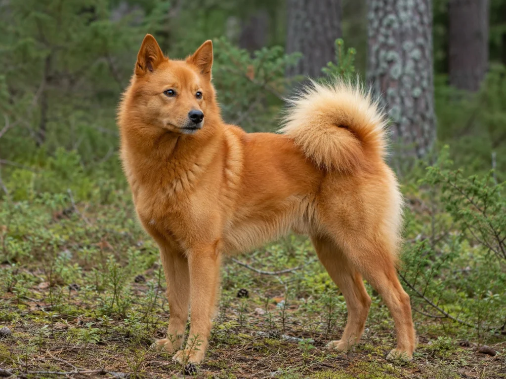 Finnish Spitz standing in a forest.