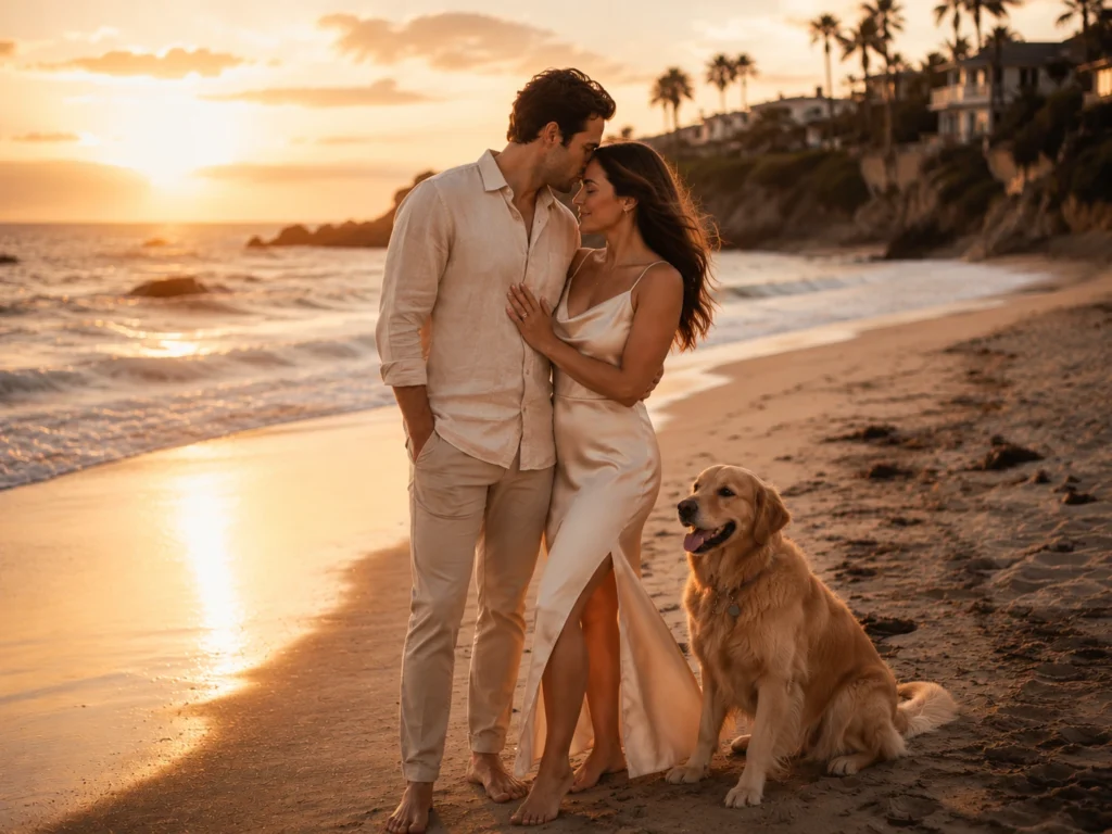 Forehead kiss engagement photo with dog beside the couple.

