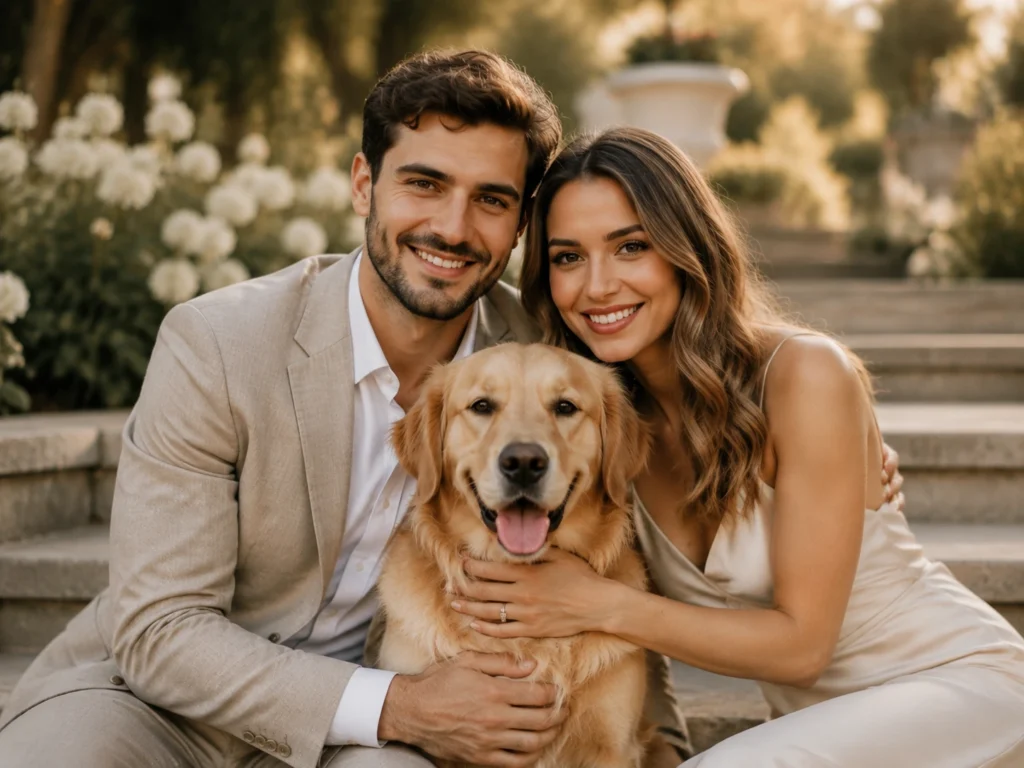 Future family portrait featuring an engaged couple and their dog.
