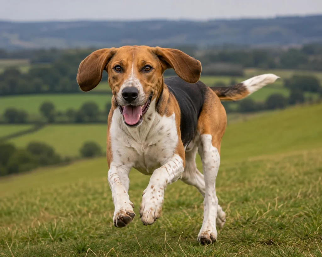 Harrier dog running across a field.