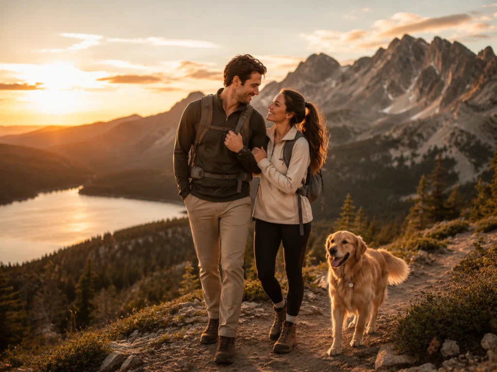Couple hiking with their dog during an engagement photoshoot.
