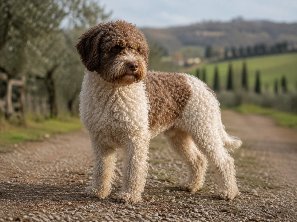 Lagotto Romagnolo with a curly coat outdoors.