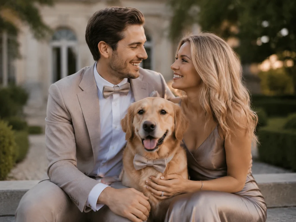 Couple and dog wearing matching accessories during engagement photos.
