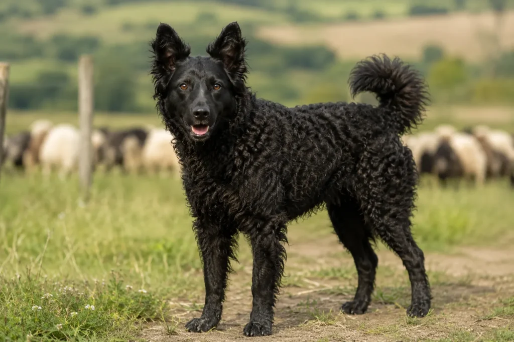 Mudi dog standing in a field.
