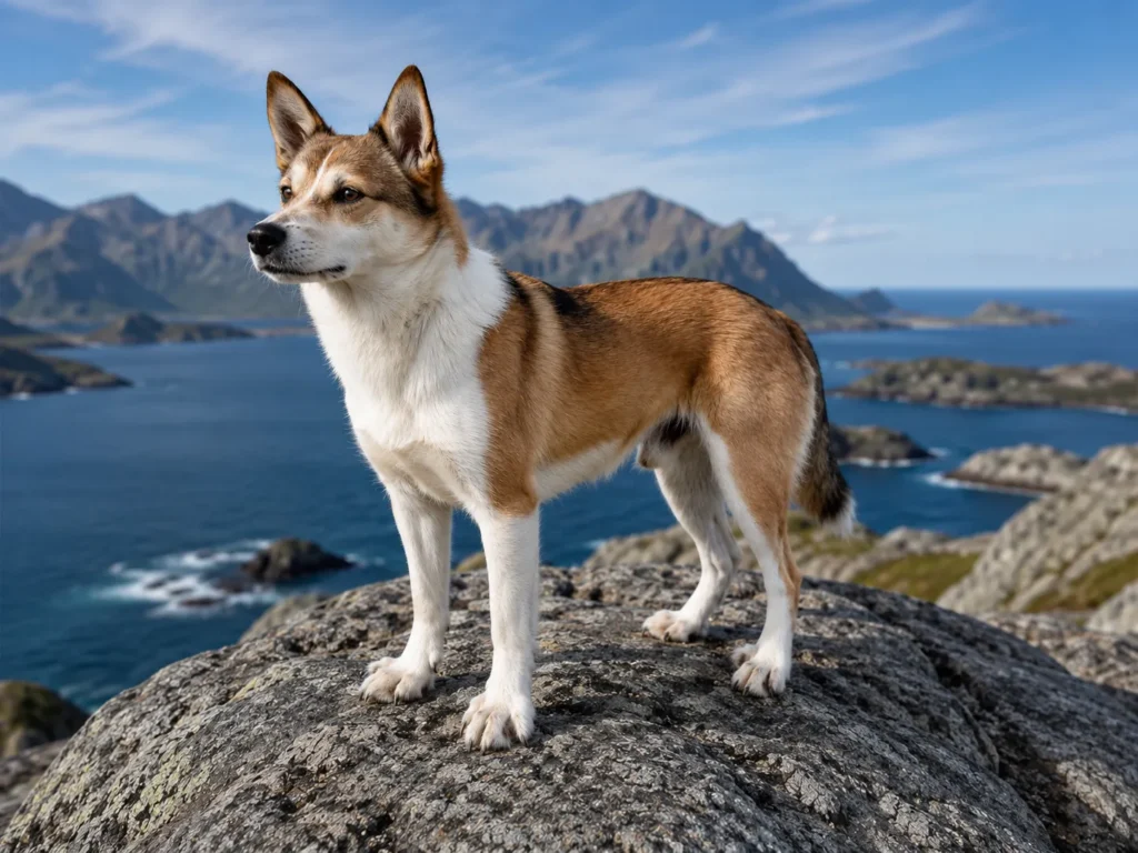 Norwegian Lundehund standing on coastal rocks.