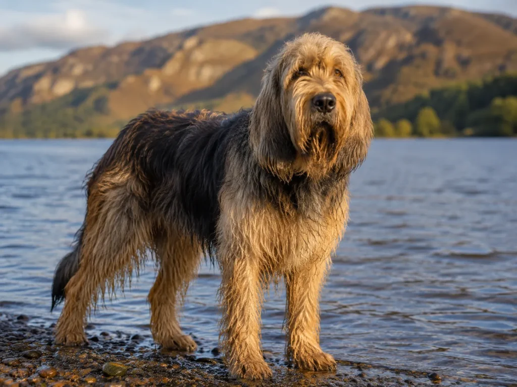 Otterhound standing beside a lake.