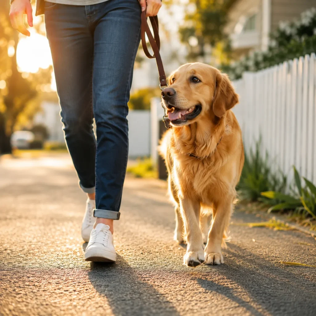 Pet owner walking with a dog in a warm outdoor setting.