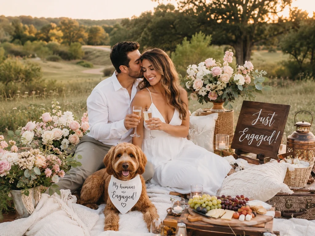 Couple enjoying a picnic with their dog during an engagement session.
