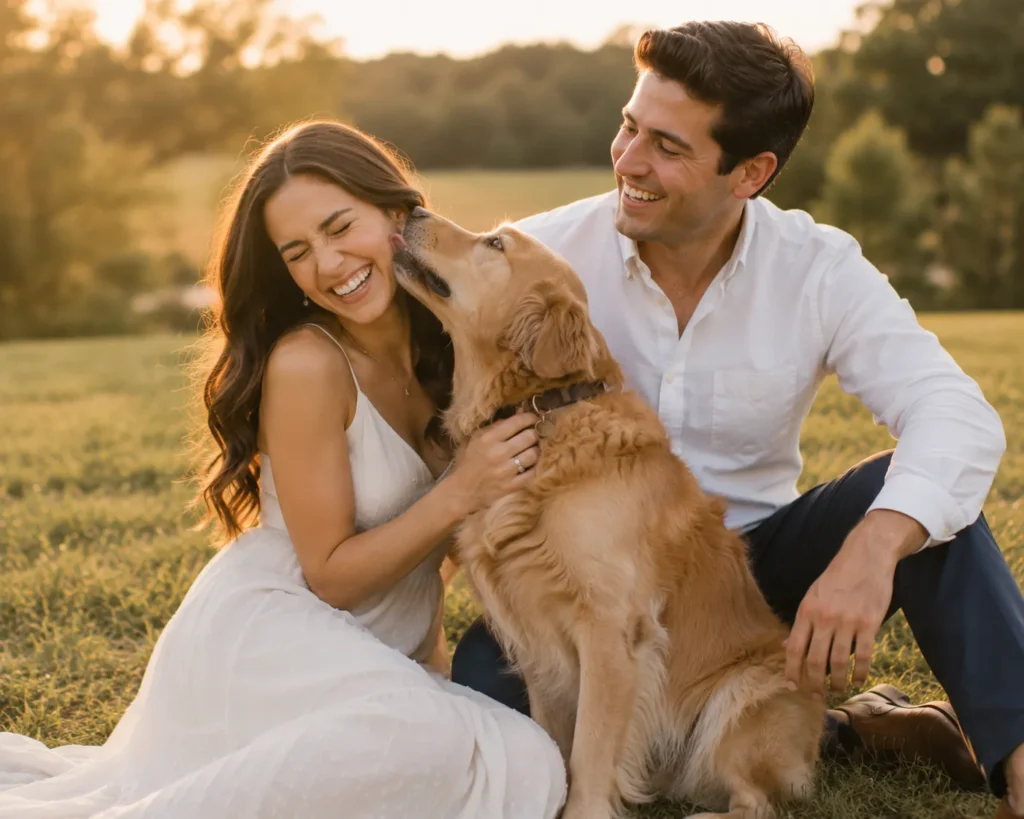 Dog giving kisses during a candid engagement photoshoot.
