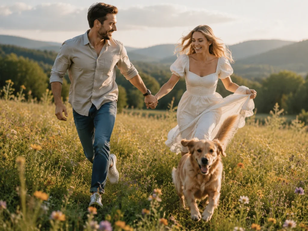 Couple running with their dog through a field during engagement photos.
