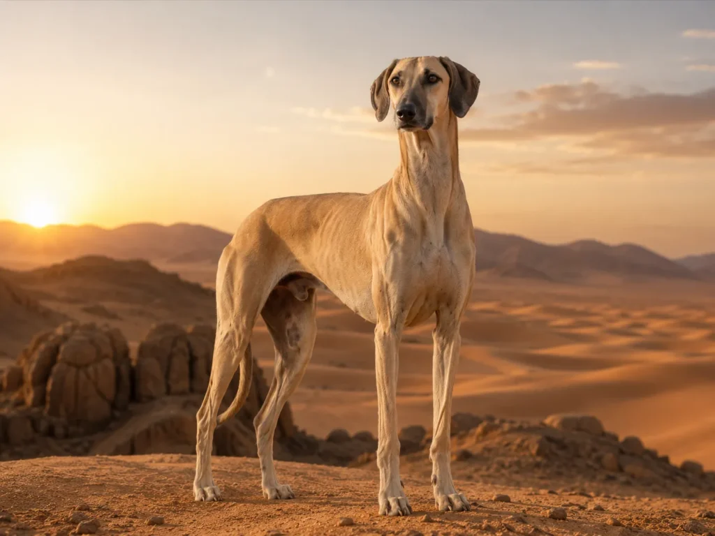Sloughi dog standing in a desert.